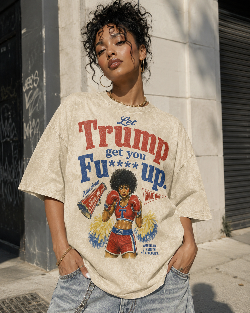 Let Trump Get You Fu** Up Acid Wash Vintage Female Boxer Graphic Tee | Streetwear T-Shirt