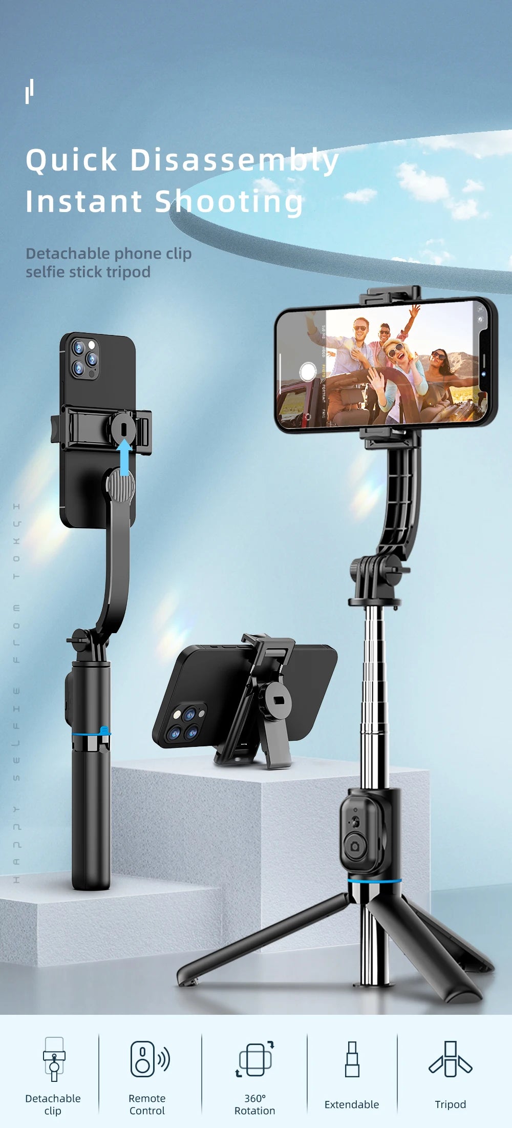 Telescopic Selfie Stick Tripod Monopod Stand Mobile Phone Support Wireless Gimbal Stabilizer For iPhone Android Holder